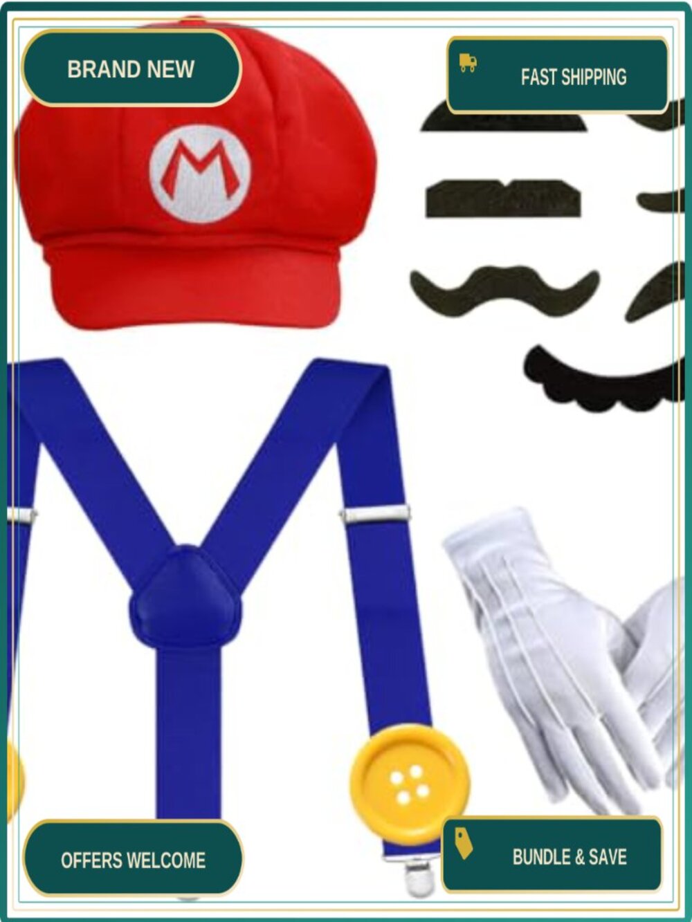 Adult Costume Accessory Set Red Cap Mustaches Gloves Buttons Cosplay Halloween